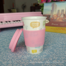 Customized bone china travel mug silicone lid and sleeve in different colour